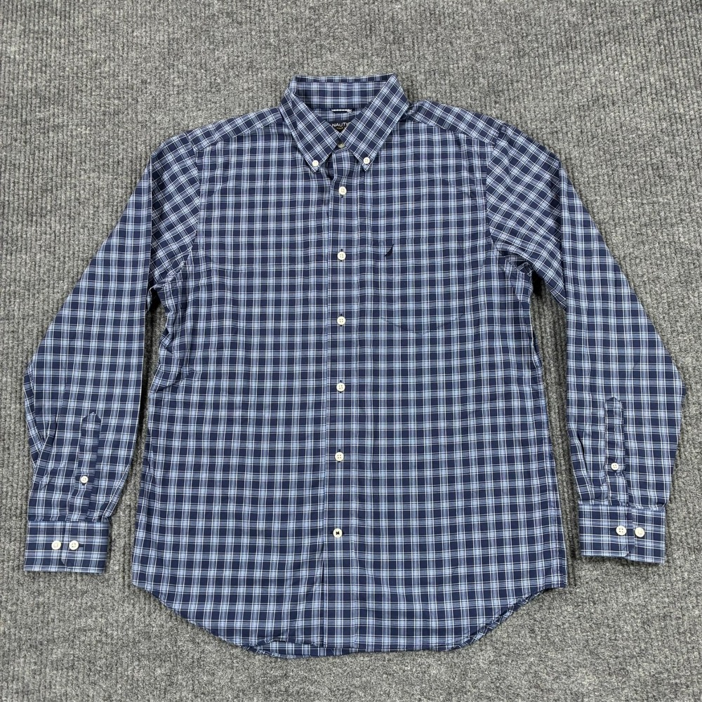 Nautica Mens Button Down Shirt M Blue Plaid Long Sleeve Wrinkle Resistant